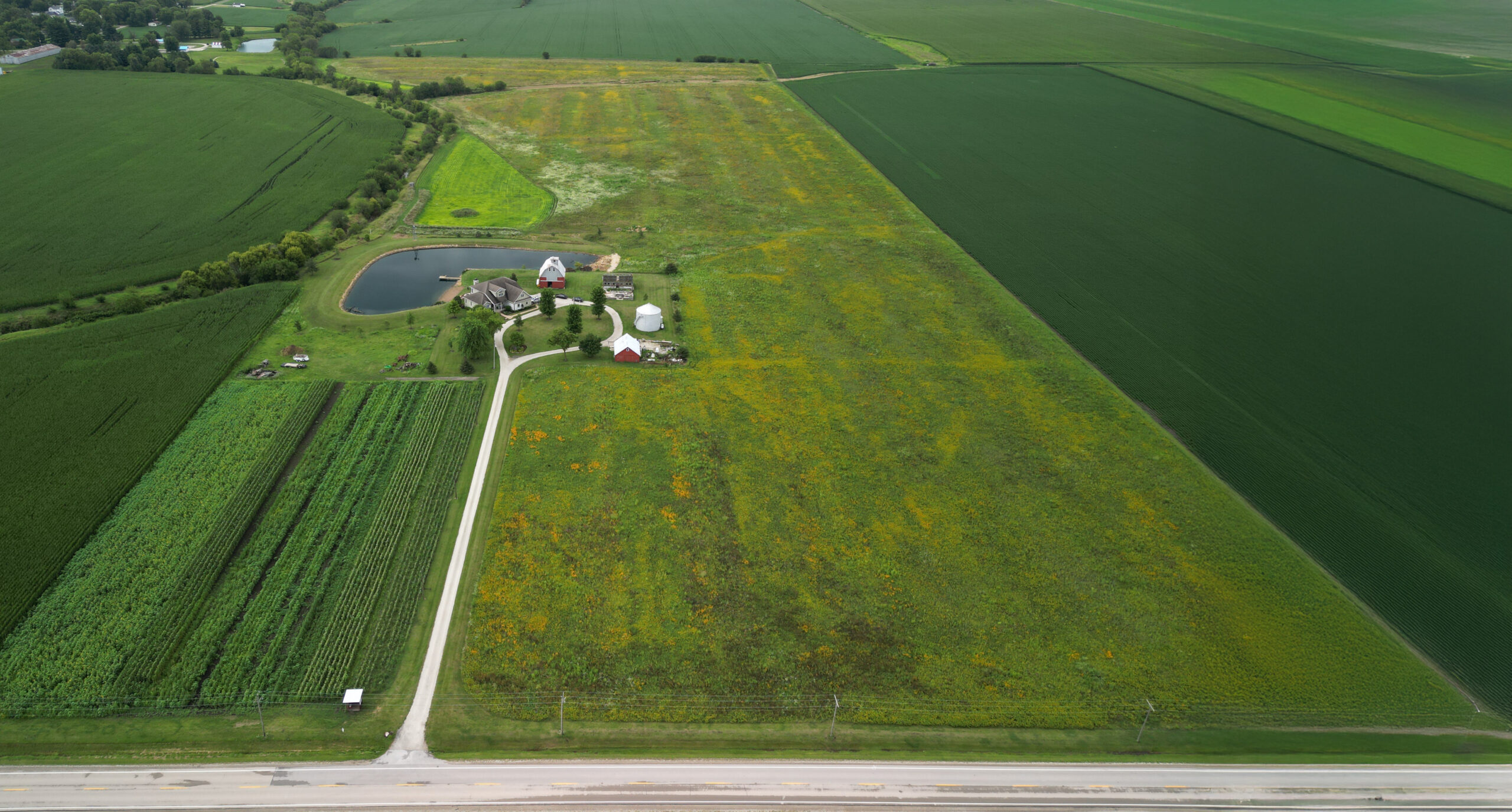 Aerial photo of a Kankakee County farm featuring prairie grass buffers, a pond, restored wetlands, and surrounding crop fields.